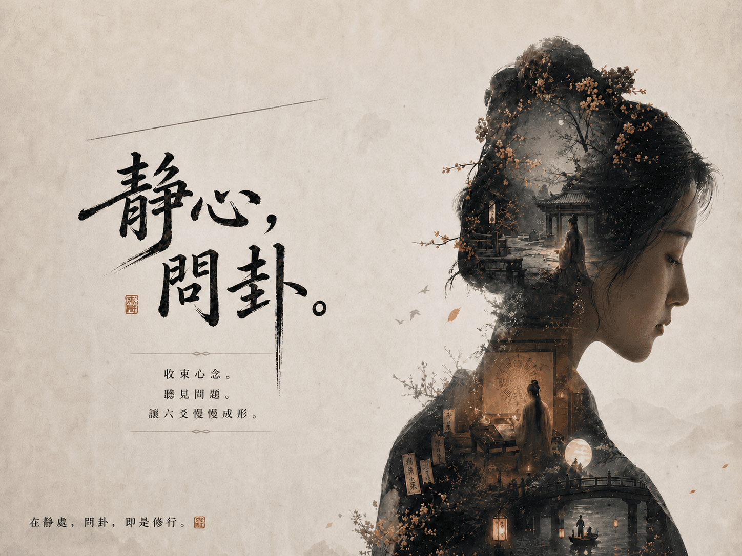 易經起卦。靜心，問卦。收束心念。听見問題。讓六爻慢慢成形。